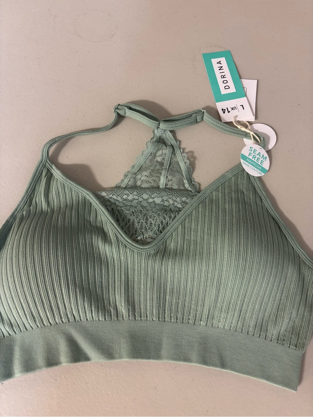 Seam-Free Ribbed Lace Bralette in Sage Green